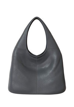 Dark gray leather hobo bag with wide, curved handle and visible stitching down the center and around the edges.