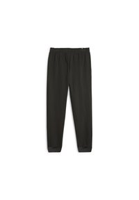 Pantaloni neri a sigaretta con vita elasticizzata e polsini con costine. Realizzati in tessuto leggero con una texture liscia e dettagli plissettati.