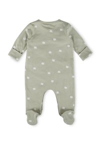 Body verde in cotone per bambini con maniche lunghe, decorato con un motivo a corona in bianco pallido e design con piedini. Tessuto morbido, collo rotondo e polsini elastici.