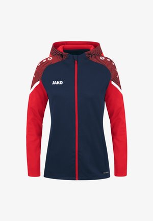 Giacca con cappuccio, corpo blu navy, maniche rosse e dettagli a motivo sulle spalle. Presenta una cerniera frontale e un logo. Realizzata in materiale morbido e flessibile.