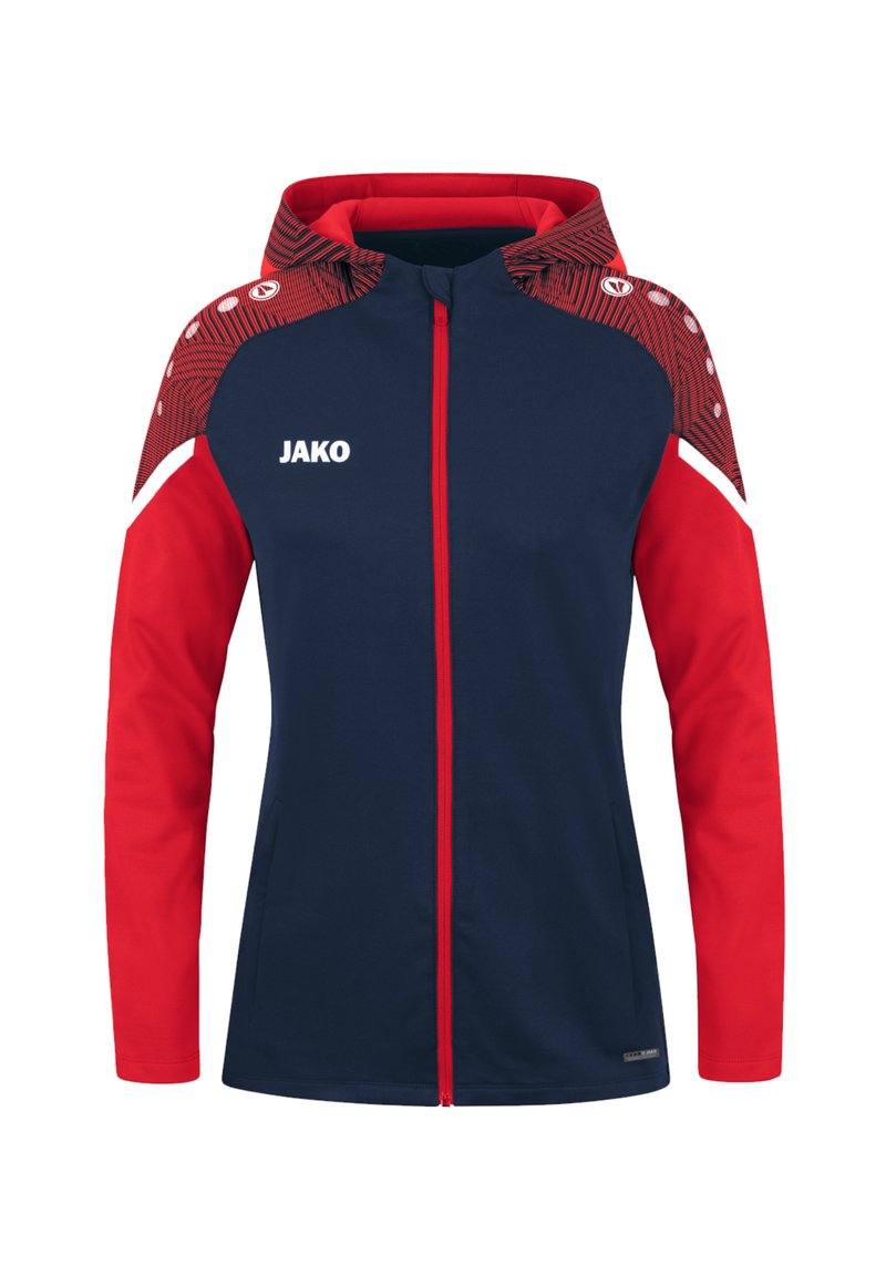 Kapuzejacke mit navyfarbenem Oberkörper, roten Ärmeln und gemusterten Schulterakzenten. Verfügt über einen Frontreißverschluss und ein Logo. Hergestellt aus weichem, flexiblem Material.