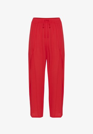 Crvene široke hlače s elastičnim pojasom i vezicom, s detaljima bočnih šavova i ravnim krojem nogavica.