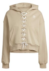 Felpa cropped beige con lacci sul davanti, dettagli bianchi e tasca centrale a marsupio. Presenta maniche lunghe e un ampio cappuccio.