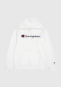 Biely mikina s kapucňou a predným vreckom, so šnúrkou na stiahnutie, a vyšívaným logom "Champion" v námorníckej modrej a červenej farbe. Obsahuje rebrované manžety a spodný lem.