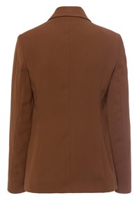 Brązowa marynarka o dopasowanym kroju, z kołnierzem z wycięciem i prostym fasonem. Gładka tkanina z minimalnymi detalami szwów na plecach.