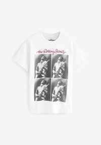 Hvid bomulds T-shirt med et sort-hvidt grafisk tryk af en musiker, der spiller guitar i fire paneler, med "The Rolling Stones" i pink.