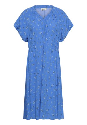 Blå midikjole med korte pufsleeves, indsamlet talje og lille hvidt blomstermønster.