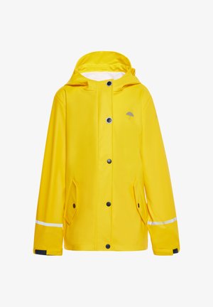 Żółta wodoodporna kurtka przeciwdeszczowa z kapturem, czarne guziki, odblaskowe akcenty i dwie boczne kieszenie. Ozdobiona logo parasola na piersi.