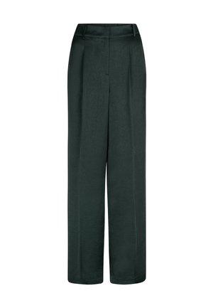Brede pijpenbroek in donkergroen van gestructureerde stof. Heeft een hoge taille en een gladde afwerking zonder zichtbare hardware of patronen.