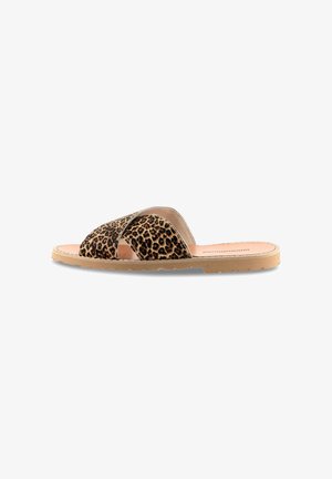 Sandales à paillettes léopard avec deux sangles croisées, une semelle plate beige et un doublure intérieure lisse. Design décontracté pour un port facile.