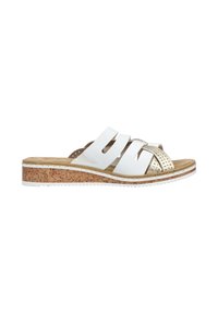 White slide sandals with three wide straps, one featuring metal accents. Cork-like wedge sole with textured surface, white rubber bottom.