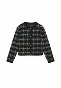 Cardigan en maille duveteuse noire et grise avec manches longues, col rond, fermeture à boutons à l'avant et motif à carreaux.
