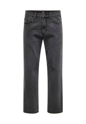 Schwarze Denim-Jeans mit geradem Beinschnitt, ausgestattet mit fünf Taschen, Gürtelschlaufen und dezenten Nähten am Bund.