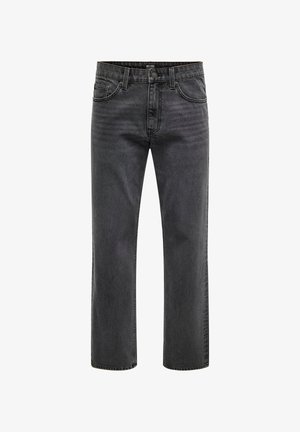 Black denim jeans with a straight leg design, featuring five pockets, belt loops, and subtle stitching details on the waistband.