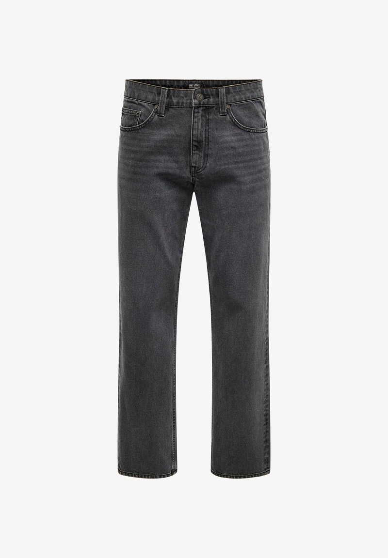 Black denim jeans with a straight leg design, featuring five pockets, belt loops, and subtle stitching details on the waistband.