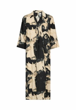 Rövid ujjú ruha galléros nyakkivágással, absztrakt fekete és bézs mintákkal, puha anyagból és laza szabású dizájnnal.