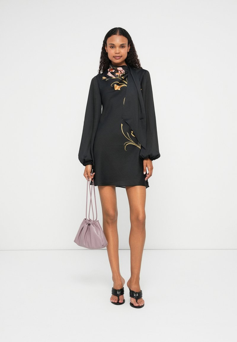 green emerald velvet dress Black Knit Bodice Midi Dress With Printed Skirt | Asnes