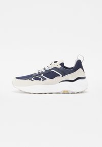 Navy mesh and gray suede sneaker with white outsole, featuring accent details and a textured finish. Vibram logo on the sole.
