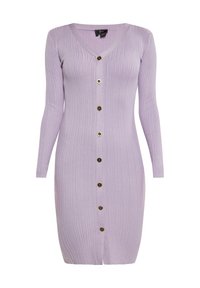 Lila ribbad stickad långärmad midiklänning med V-ringad hals och knäppning fram.