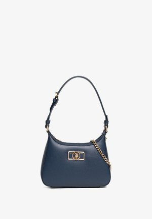 Marineblaues Lederhandtasche mit geschwungener Form, goldenen Hardware-Akzenten, einer Kettenriemen und einem dekorativen Logo auf der Vorderseite.