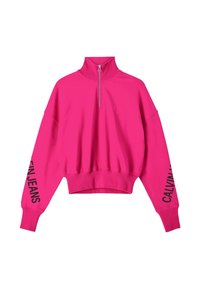 Fuchsiová zkrácená mikina s vysokým límcem, polovičním zipem a černým textem "Calvin Jeans" na levém rukávu. Hladká textura.