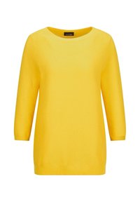 Gelbes, gestricktes Sweatshirt mit Dreiviertelärmeln, rundem Halsausschnitt sowie gerippten Bündchen und Saum. Hergestellt aus weichem, leichtem Material.