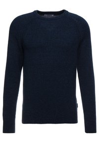 Mörkblå långärmad stickad tröja med rund halsringning, rak nederkant och strukturerad tyg.