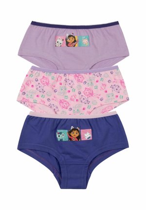 Three pairs of children’s underwear in purple, pink with character print, and navy blue, each featuring cartoon girl with animal characters.