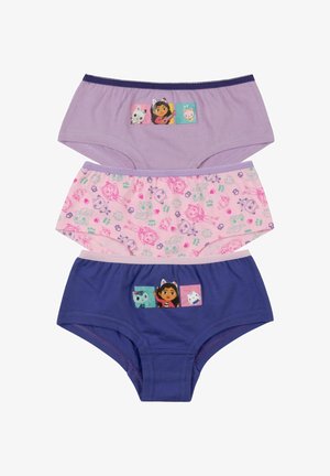 Tre paia di biancheria intima per bambini nei colori viola, rosa con stampa di personaggi e blu navy, ciascuno con una ragazza dei cartoni animati con personaggi animali.