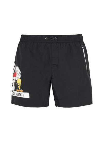 Costume da bagno neri realizzati in tessuto leggero, con una grafica di Sylvester e Tweety sul lato sinistro e una tasca con zip sul lato destro.