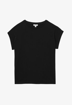 Tricou negru cu mânecă scurtă și guler rotund, croială relaxată și manșete pliate, afișat pe un fundal alb.