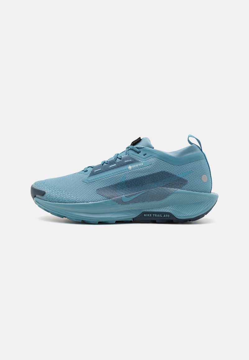 Baskets de course bleues avec tige en mesh, panneaux texturés et semelle extérieur en caoutchouc. Présente un logo Gore-Tex et une semelle intermédiaire conçue pour la course en trail.