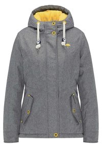 Grå jacka med huva, gul inre fodring, två framfickor och dekorativa knappar. Tillverkad av ett texturerat tyg med subtila mönster.