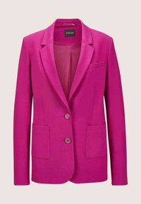Fuchsia blazer made from textured fabric, featuring a notched lapel, two front pockets, and two buttons. Interior is smooth and lined.