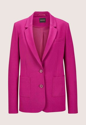 Fuchsia blazer made from textured fabric, featuring a notched lapel, two front pockets, and two buttons. Interior is smooth and lined.