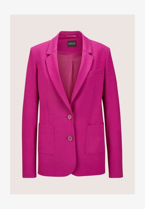 Fuchsienfarbener Blazer aus strukturiertem Stoff mit einem Reverskragen, zwei Fronttaschen und zwei Knöpfen. Das Innere ist glatt und gefüttert.