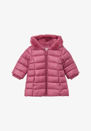 Rosa Pufferjacke aus flauschigem Material, mit einer Kapuze aus Kunstfell, Reißverschluss und kurzen Ärmeln mit gerippten Bündchen.