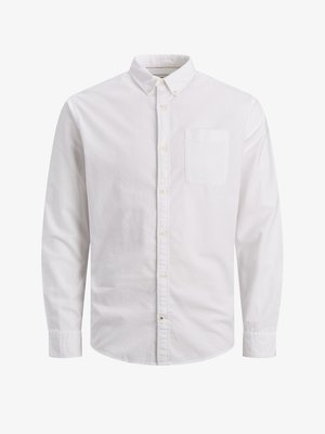 Hvid langærmet skjorte med knapper lavet af bomuld, med en klassisk krave, som har en forlommer og en subtil tekstur.