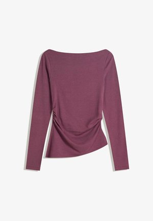 Long-sleeve mauve top with boat neckline, fitted waist with subtle ruching on both sides, shown flat against white background.