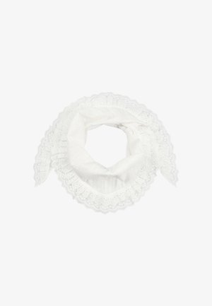 White eyelet lace scarf with scalloped edges, folded in a loose circular shape on a plain white background.