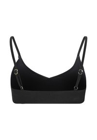 Sort bralette med justerbare tynde stropper, ribbet tekstur og v-halsdesign. Har guldfarvet hardware på stropperne.