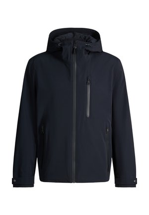 Veste noire imperméable à capuche avec fermeture éclair sur le devant, fermeture éclair de la poche poitrine, poches latérales et poignets ajustables.