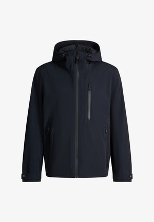 Schwarze wasserdichte Kapuzenjacke mit Frontreißverschluss, Reißverschluss an der Brusttasche, Seitentaschen und verstellbaren Bündchen.