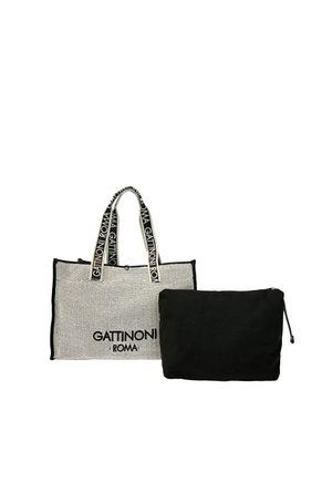 Große gewebte Tote-Tasche mit schwarzem und weißem Gattinoni Roma Schriftzug und passendem schwarzen Reißverschluss-Etui daneben.