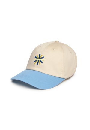 Béžová šiltovka s svetlomodrým šiltom a modro-žltým vyšívaným logom v tvare hviezdneho výbuchu na prednej časti.