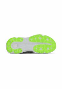 Sole of a running shoe; features a textured white base with bright green rubber sections and circular grip patterns for traction.