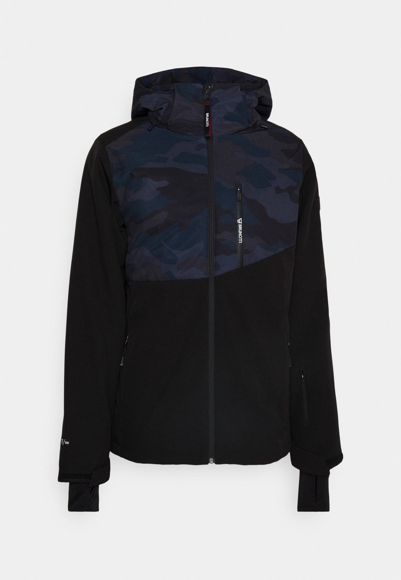 Schwarze und dunkelblaue Camouflagierte Softshell-Jacke mit Kapuze, Frontreißverschluss, einer Reißverschlusstasche auf der Brust und Daumenlöchern an den langen Ärmeln.