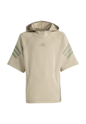 Beige korte mouwen hoodie met voorzak en subtiel drie-strepen logo op de borst en mouwen.