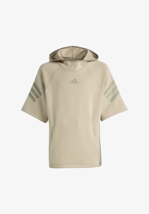 Hanorac scurt cu mâneci scurte, bej, cu buzunar frontal și logo subtil cu trei dungi pe piept și mâneci.