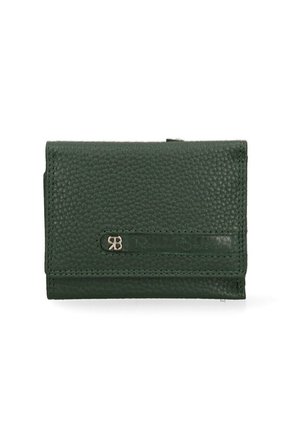 Portafoglio in pelle verde con finitura texturizzata, logo impresso e patta pieghevole con un discreto accento in hardware argentato.